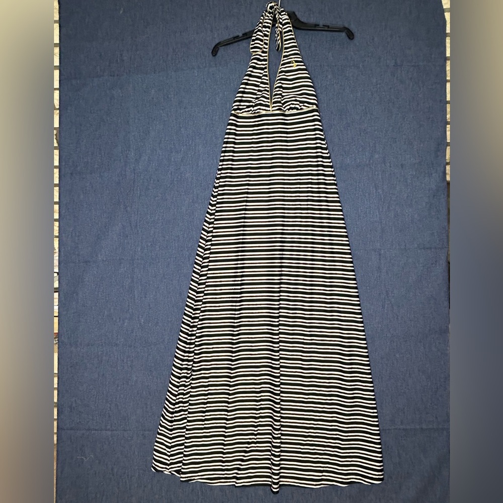 Baby phat Striped Halter Maxi Dress in Black & White and gold
